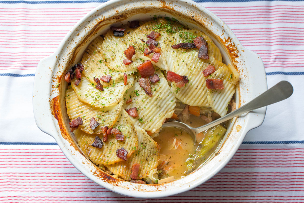 Chicken & Treacle Cured Bacon Hotpot Recipe - The Hollies Farm Shop
