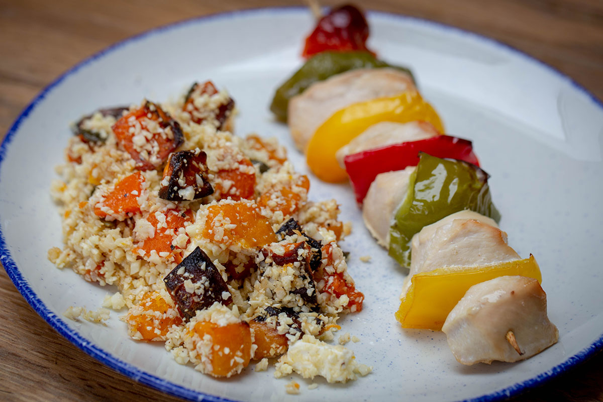 Chicken skewer with roast sweet potato & butternut squash tumble salad - The Hollies Farm Shop